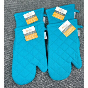 MU Kitchen Oven Mitt 2 Pair 4 Gloves Aquamarine Teal Cotton Terry Lined 13in